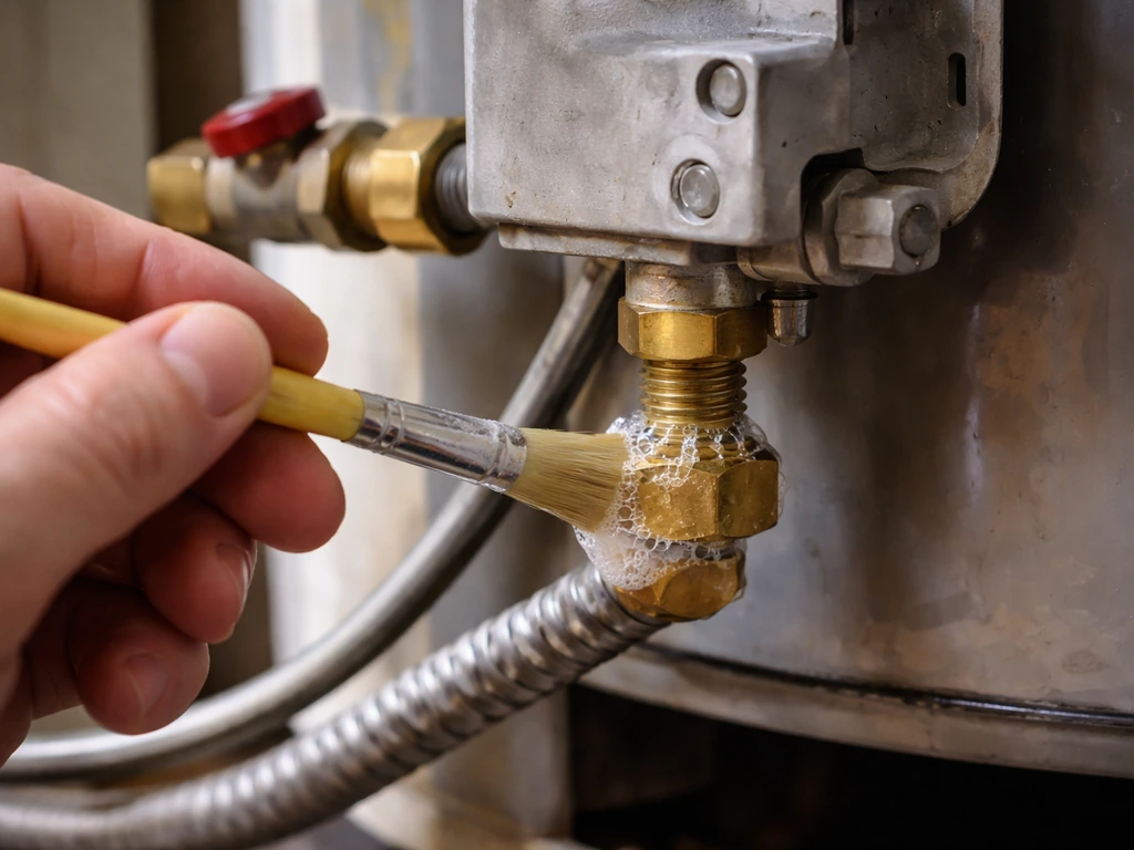 Hand brushing soapy water onto the brass thermocouple nut to check for gas leaks.