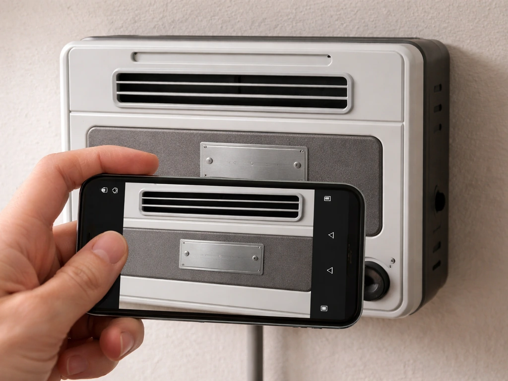 Hand holding a smartphone photographing a heater’s model label plate to verify it’s PG188H