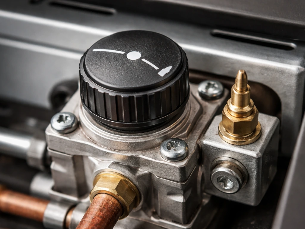 Macro view of a gas control knob and valve assembly showing knob positions around the control body.