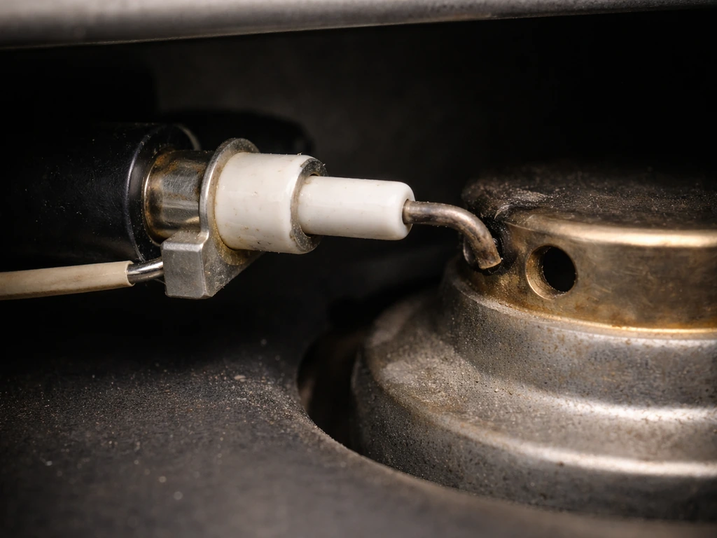 Close-up of piezo igniter and electrode tip aligned near a burner opening in a gas chamber.