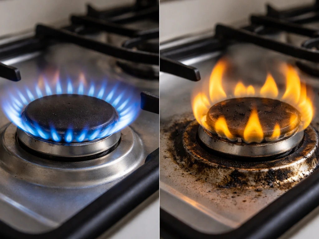Split view of a gas burner: clean blue flame with slight yellow tips vs sooty yellow-orange flame