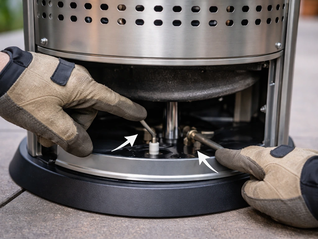 Close-up of a patio heater’s ignition and thermocouple area with a technician’s hands pointing to check connections.