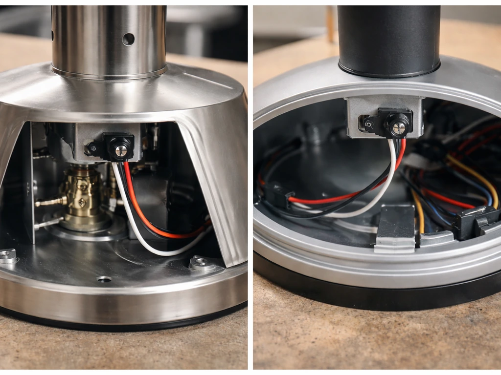 Close-up of two patio heater bases showing different tilt switch connection points on propane and electric models.