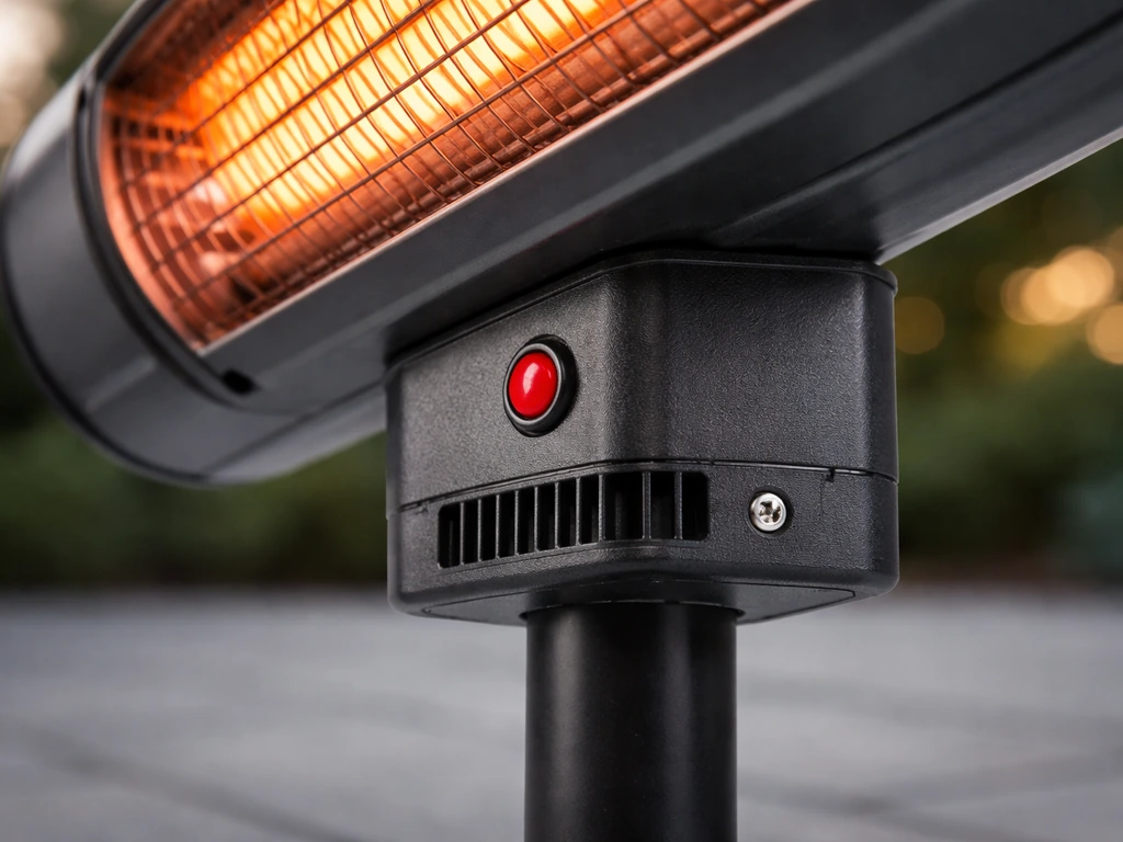 Close-up of an electric infrared patio heater underside showing the manual reset button near the base access.