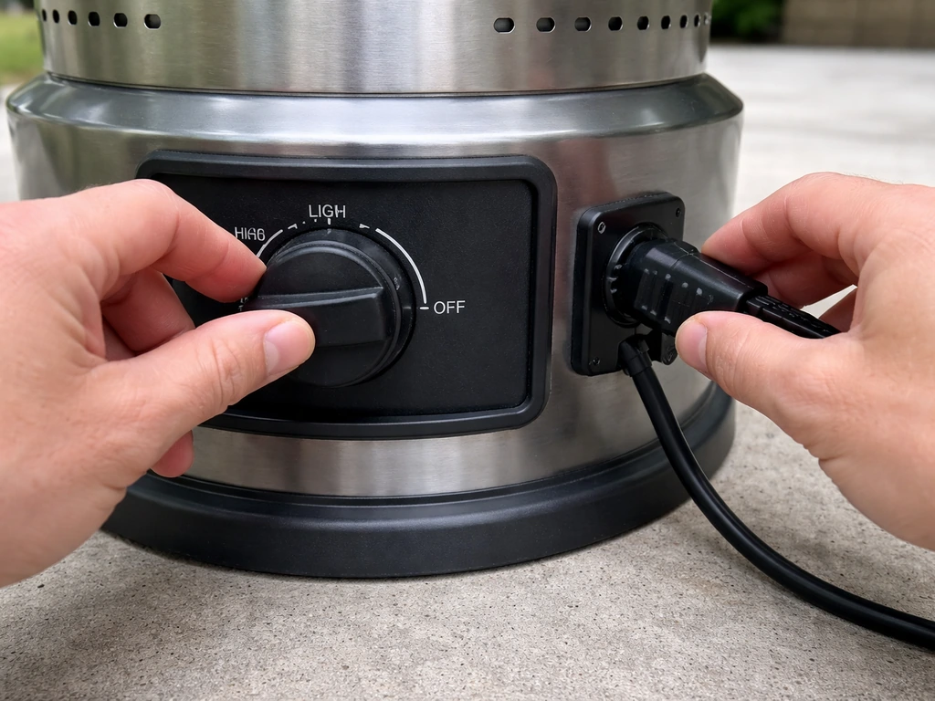 Close-up of a hand turning a patio heater gas knob to OFF, then unplugging the power cord for safety.