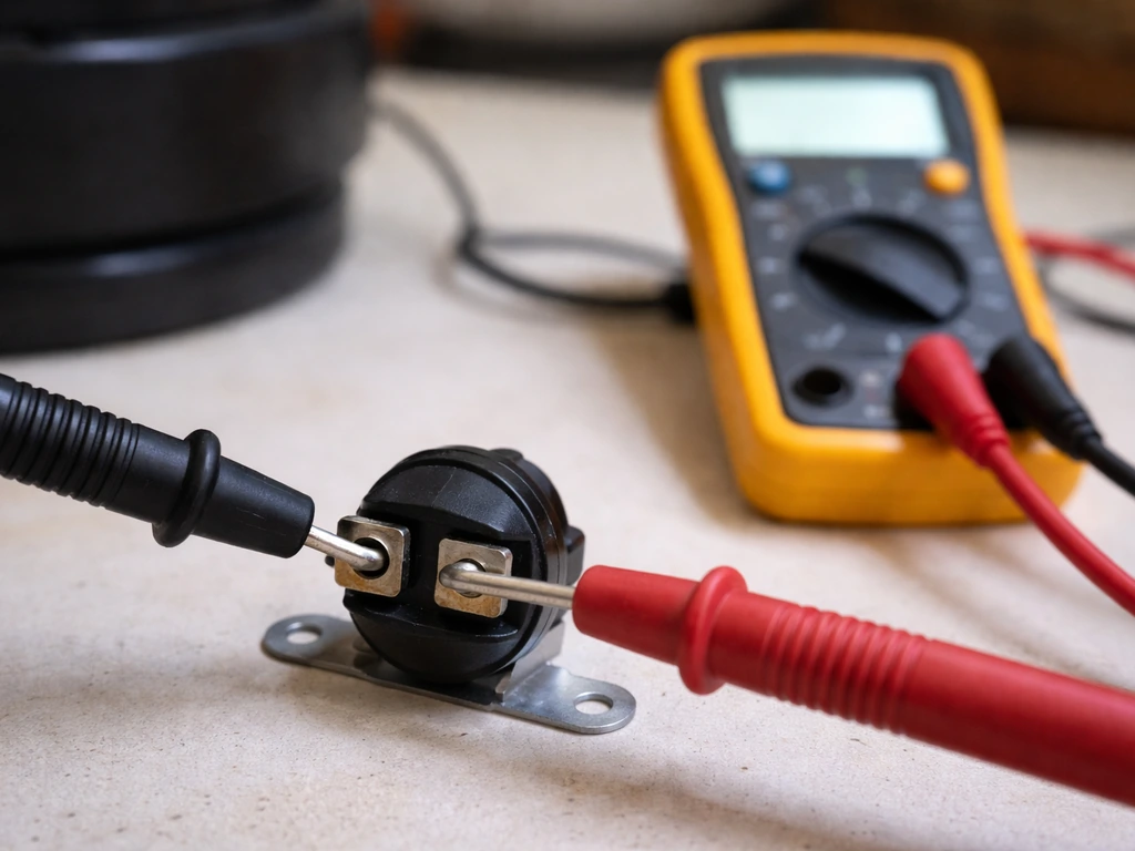Close-up of multimeter in continuity mode with probes touching tilt switch terminals, heater wires disconnected.