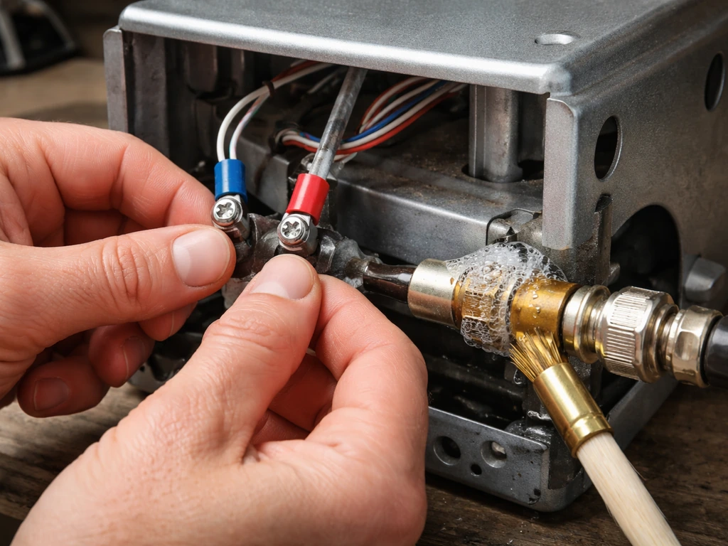 Technician’s hands press spade terminals onto a heater while leak-check soapy solution is brushed on a gas fitting.