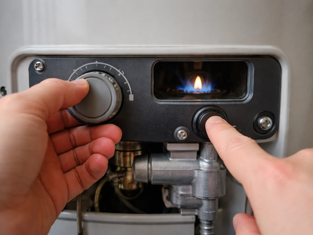 Close view of a gas appliance: control knob set to pilot, igniter pressed, small pilot flame visible.