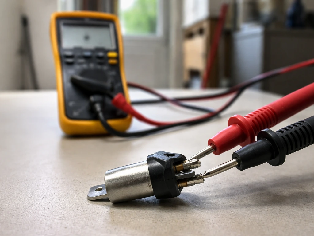 Multimeter probes touching a disconnected tilt switch terminals on a workbench in continuity mode.