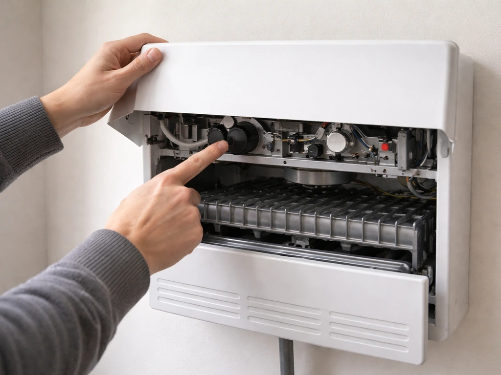 Person inspecting a wall-mounted heater’s overheat sensor area after it cooled down.