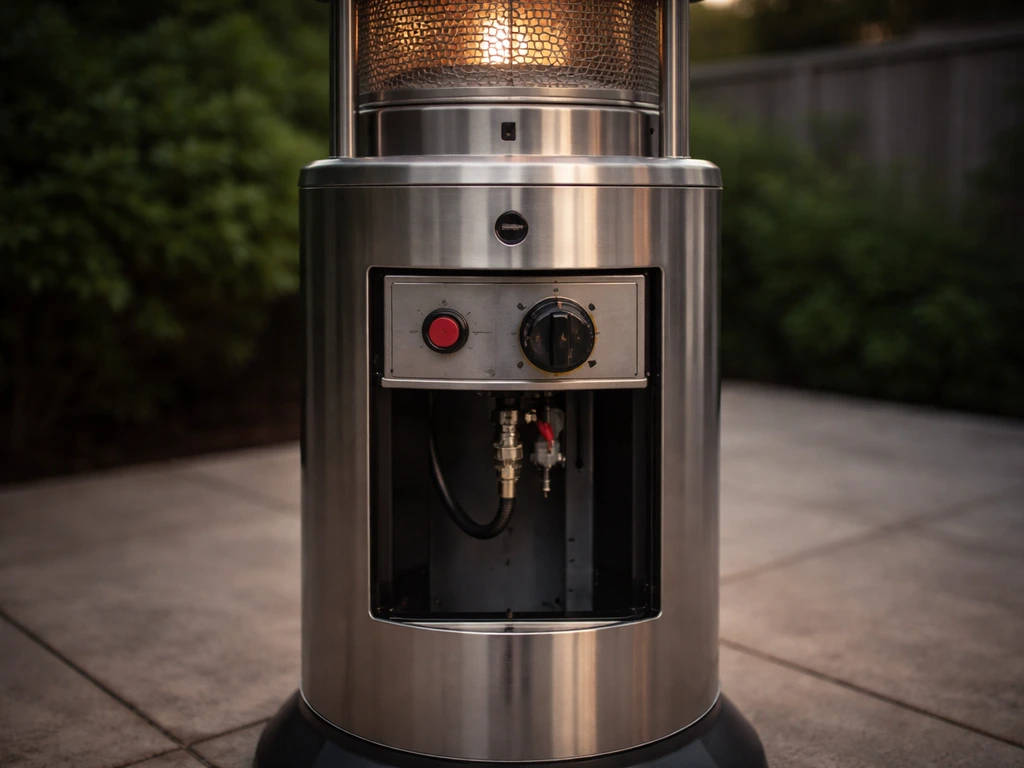 Outdoor Alva patio gas heater with close view of control/ignition area in a calm evening setting