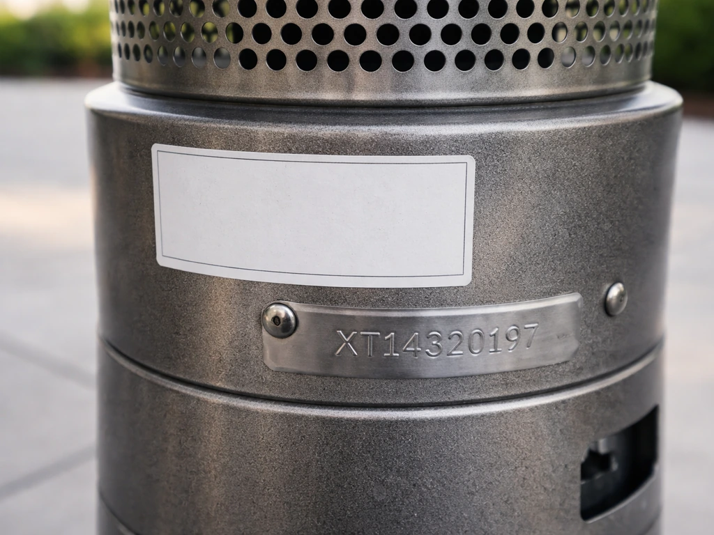 Close-up of a patio gas heater showing a model label sticker and stamped metal plate with a model code.