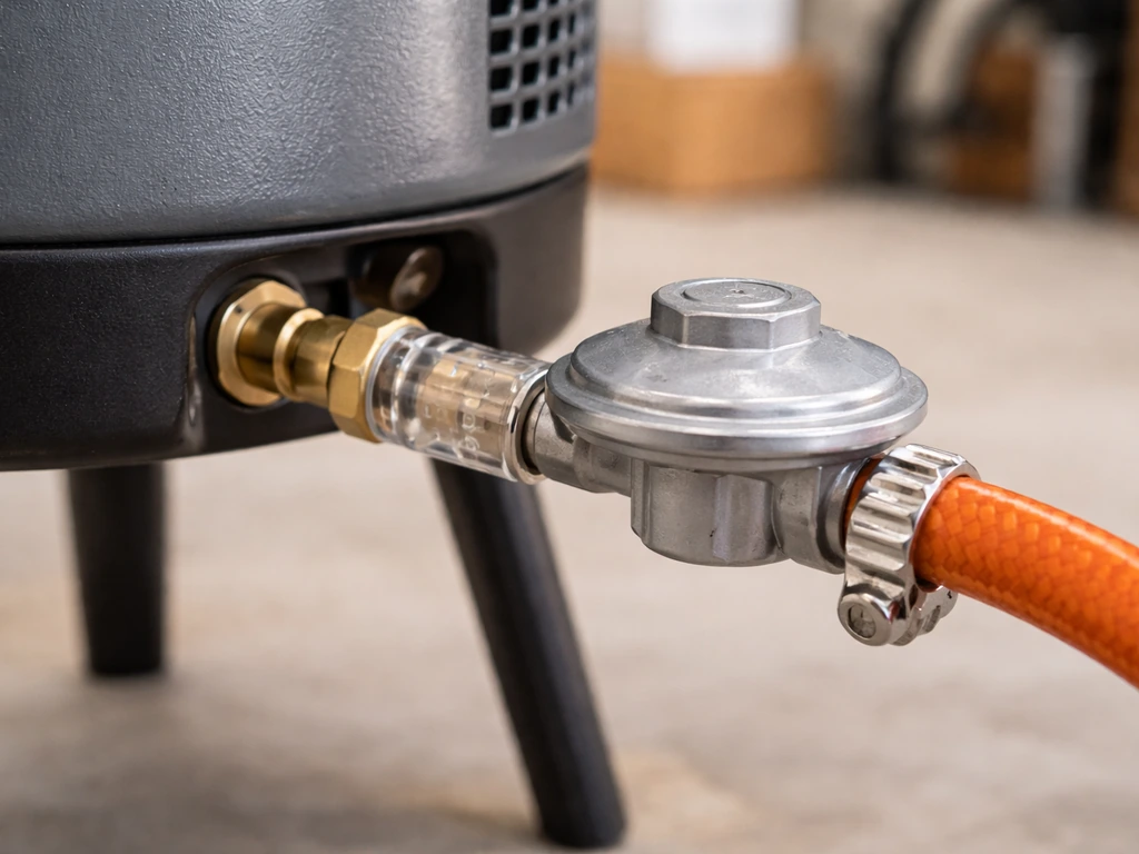 Close-up of a 2.8 kPa SANS 1237 approved regulator correctly connected to an appliance inlet hose