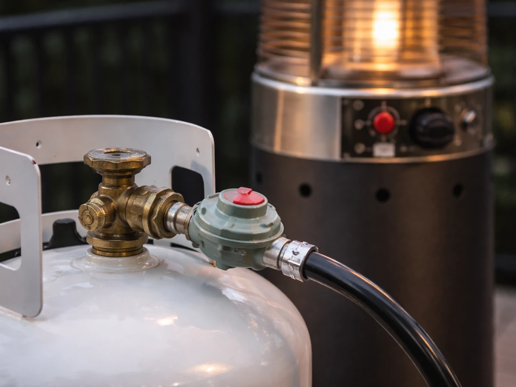 Close-up of a propane cylinder valve, regulator connection, and heater igniter area with no flame