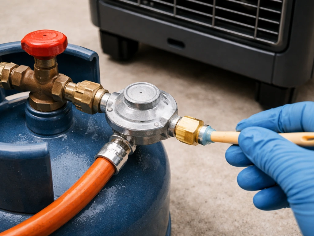 Gloved hand brushing soapy water on a gas regulator connection to check for leaks, heater off, valve closed.