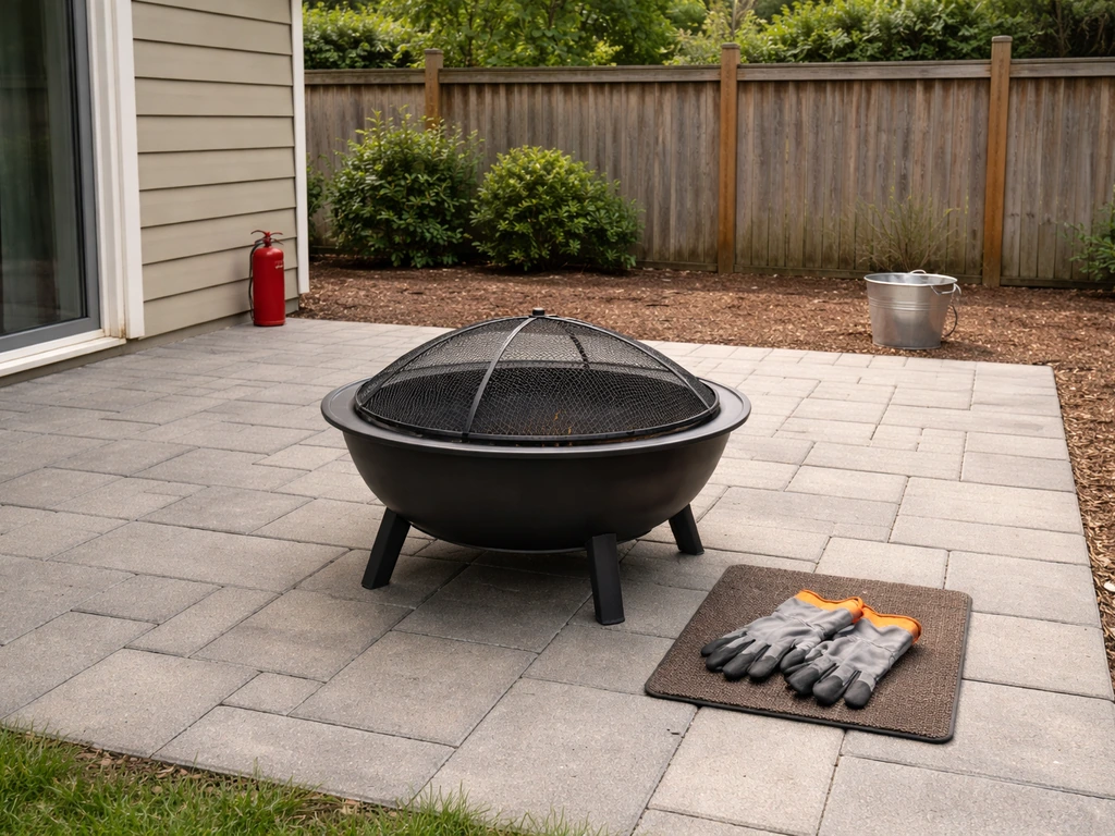 Outdoor patio with a safely spaced fire pit, spark screen, gloves, and a nearby extinguisher and water bucket.