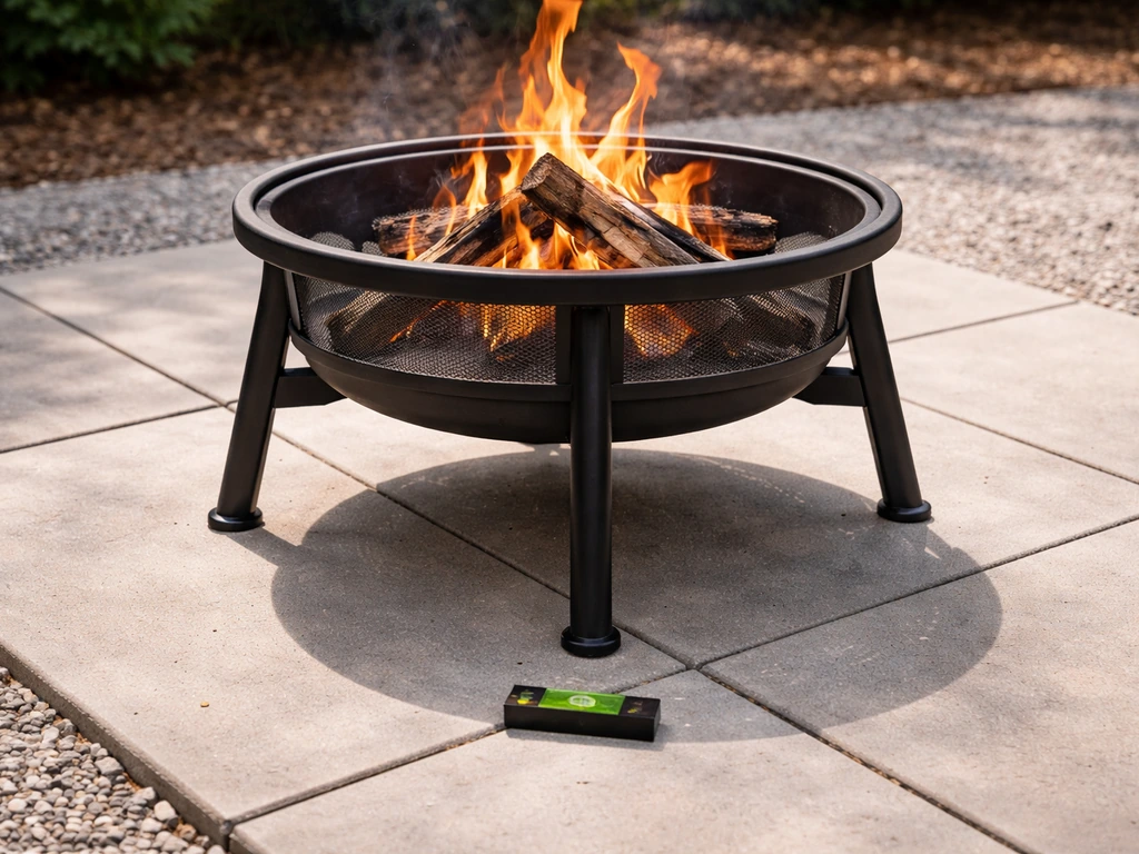 Outdoor fire pit with four legs resting on concrete pavers, level and stable in natural light.