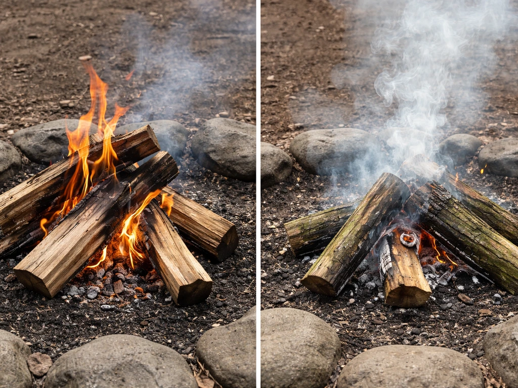 Split scene showing dry seasoned wood vs damp green wood burning hazards, with smoke and sparks differences.