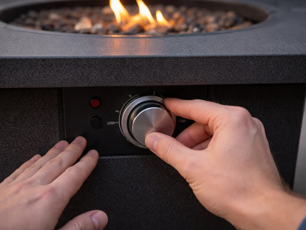 Close-up of hands turning a fire pit control knob to the LIGHT position, initiating ignition