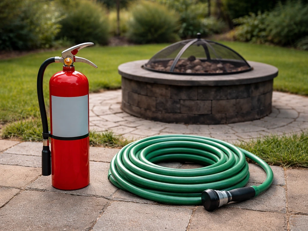 ABC fire extinguisher and coiled garden hose placed within reach of a backyard fire pit.