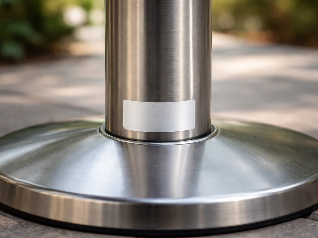 Close-up of a patio heater’s lower pole with a visible model ID sticker label