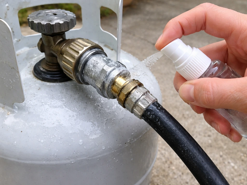 Person applying soapy water to propane regulator and hose connection to check for leaks
