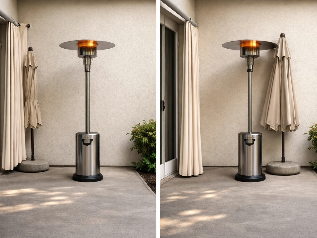Propane patio heater with ample clearance on one side and combustibles too close on the other.