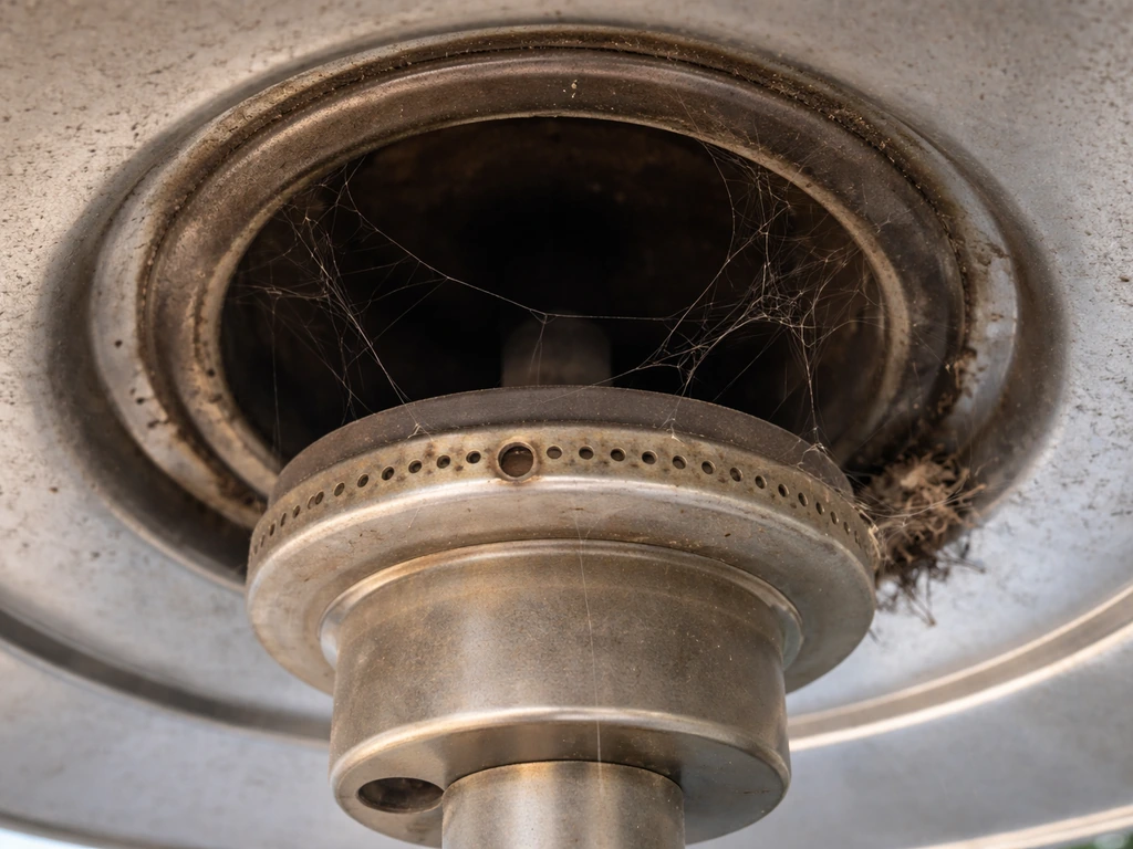 Close-up view inside a heater’s reflector dome showing the burner head area with dust and cobweb debris