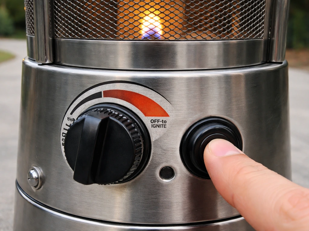 Finger pressing a propane heater’s built-in igniter as the pilot flame lights, knob positioned correctly.