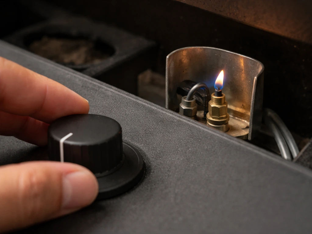 Close-up of a gas fireplace control knob and thermocouple area with a brief pilot flame that’s fading
