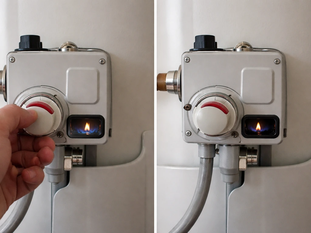 Two-panel photo of a gas heater: burner stays on when knob is held, but shuts off when released.
