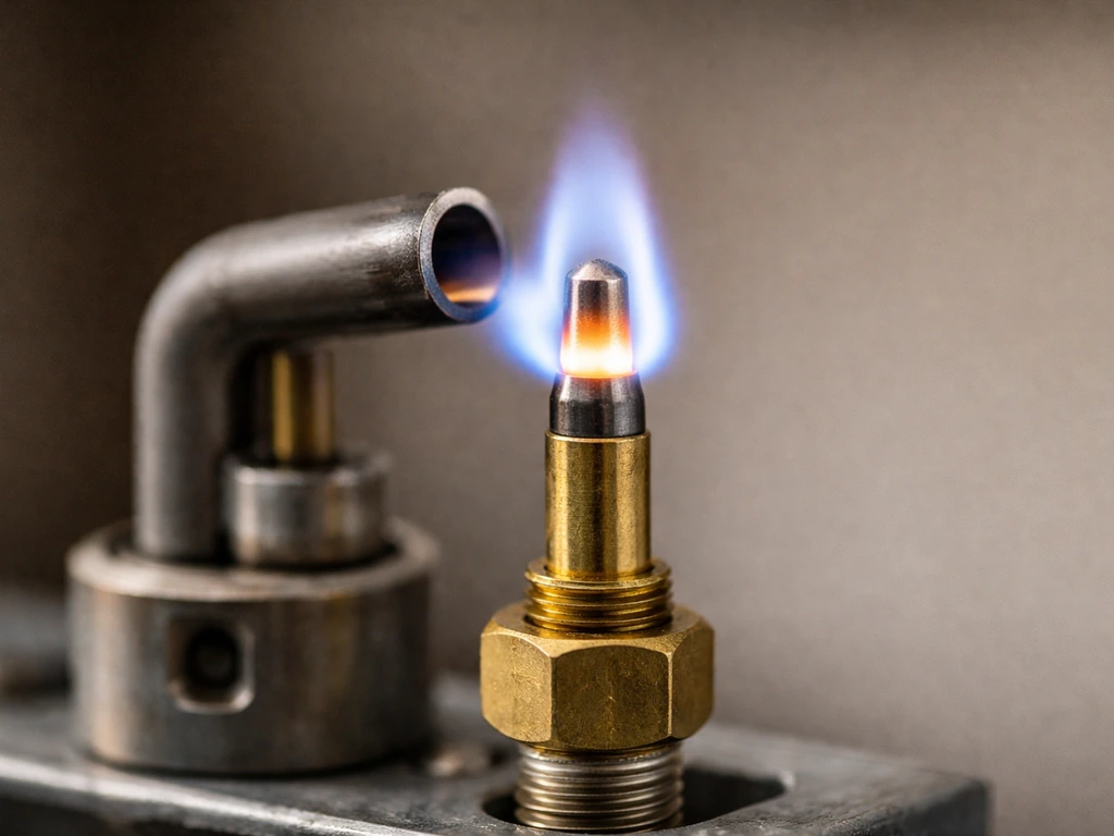 Close-up of a thermocouple tip positioned next to a pilot flame outlet, with the flame wrapping the tip.