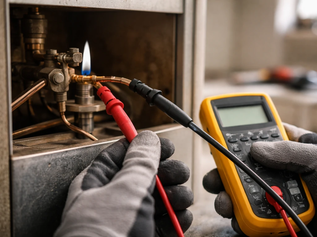 Gloved hands measuring a thermocouple with a multimeter set for DC millivolts while pilot flame glows.