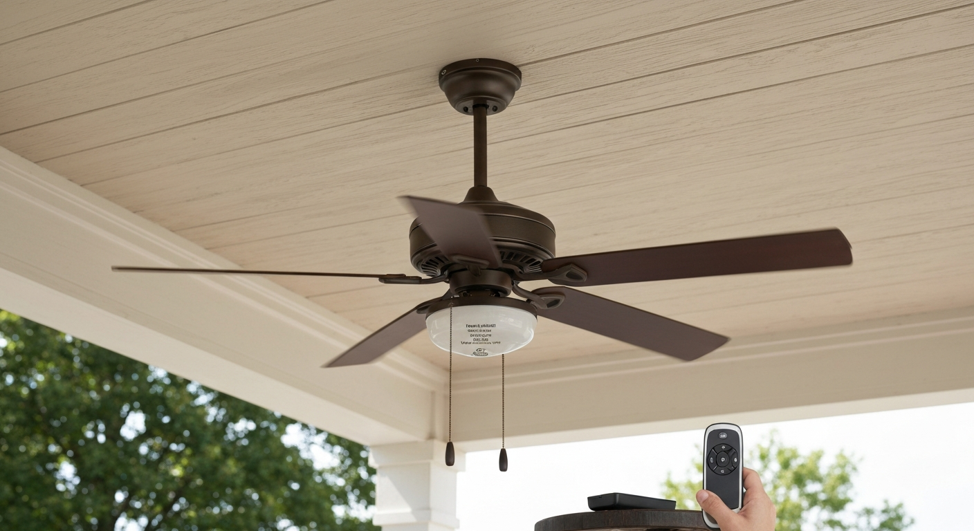 Installed Kichler Basics 52-inch patio ceiling fan on a covered porch with a remote on a nearby table, blades spinning gently.