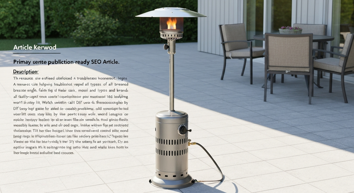 Rendered photorealistic image of a fully assembled freestanding mushroom-head propane patio heater on a patio, with propane cylinder, regulator hose, control knob, reflector dome, and a softly glowing burner ring.
