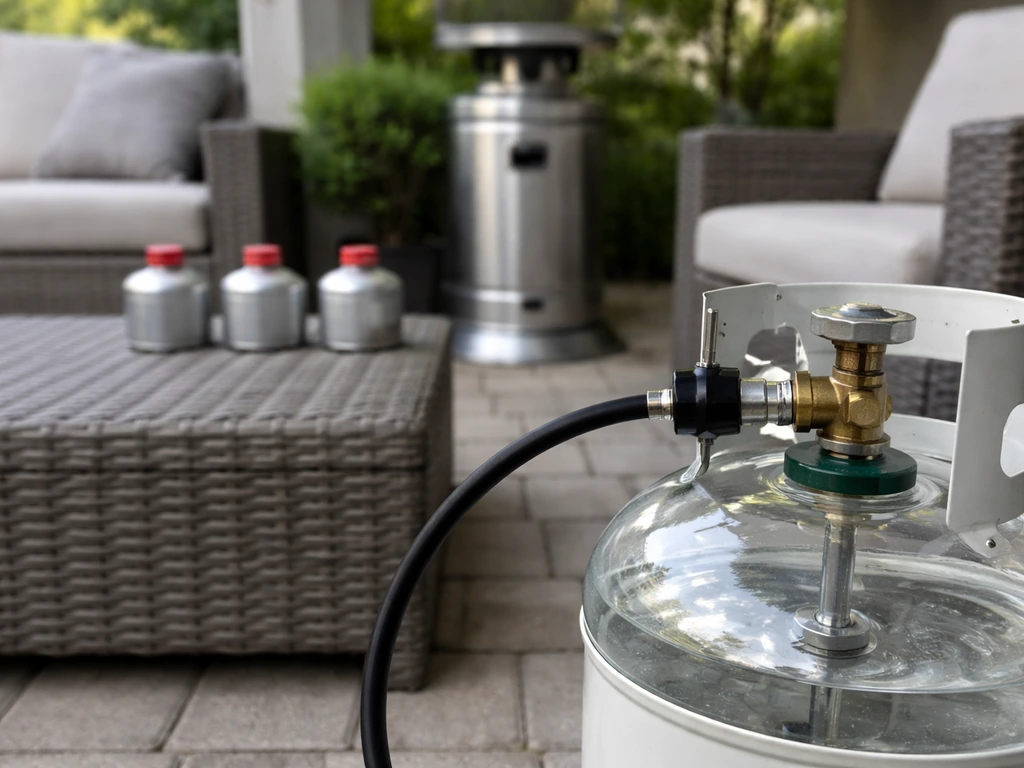Minimal patio scene with propane heater and fuel containers suggesting different burn-rate ranges.