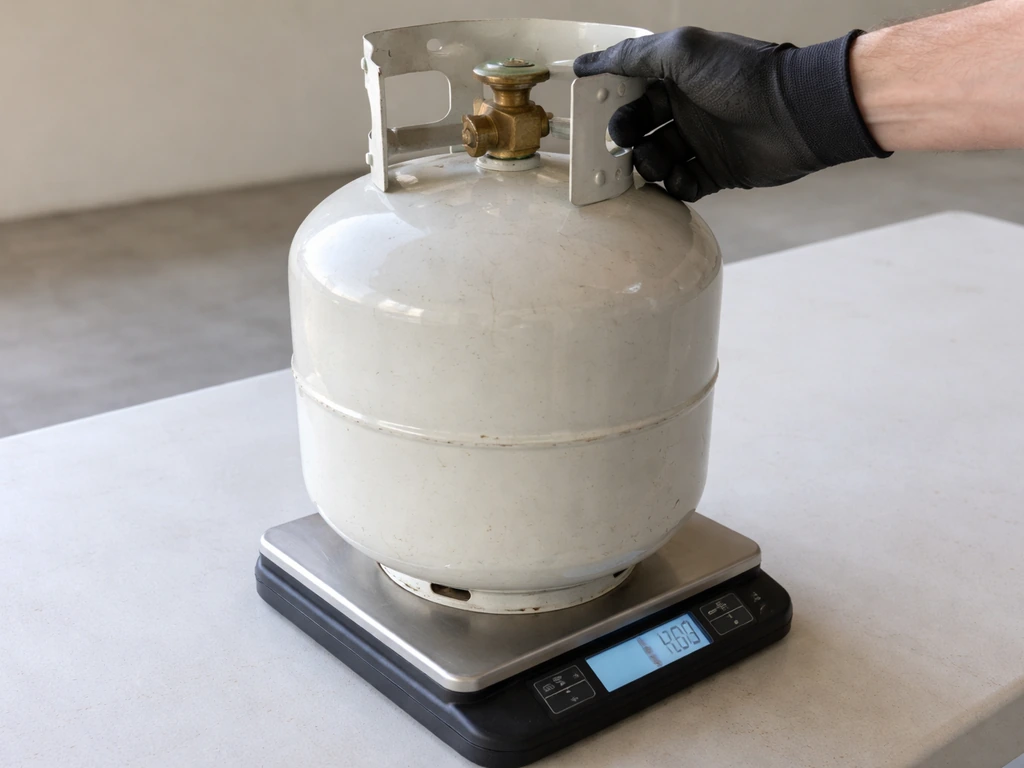 Person weighing an empty propane cylinder on a digital scale, showing the idea of tare/empty weight