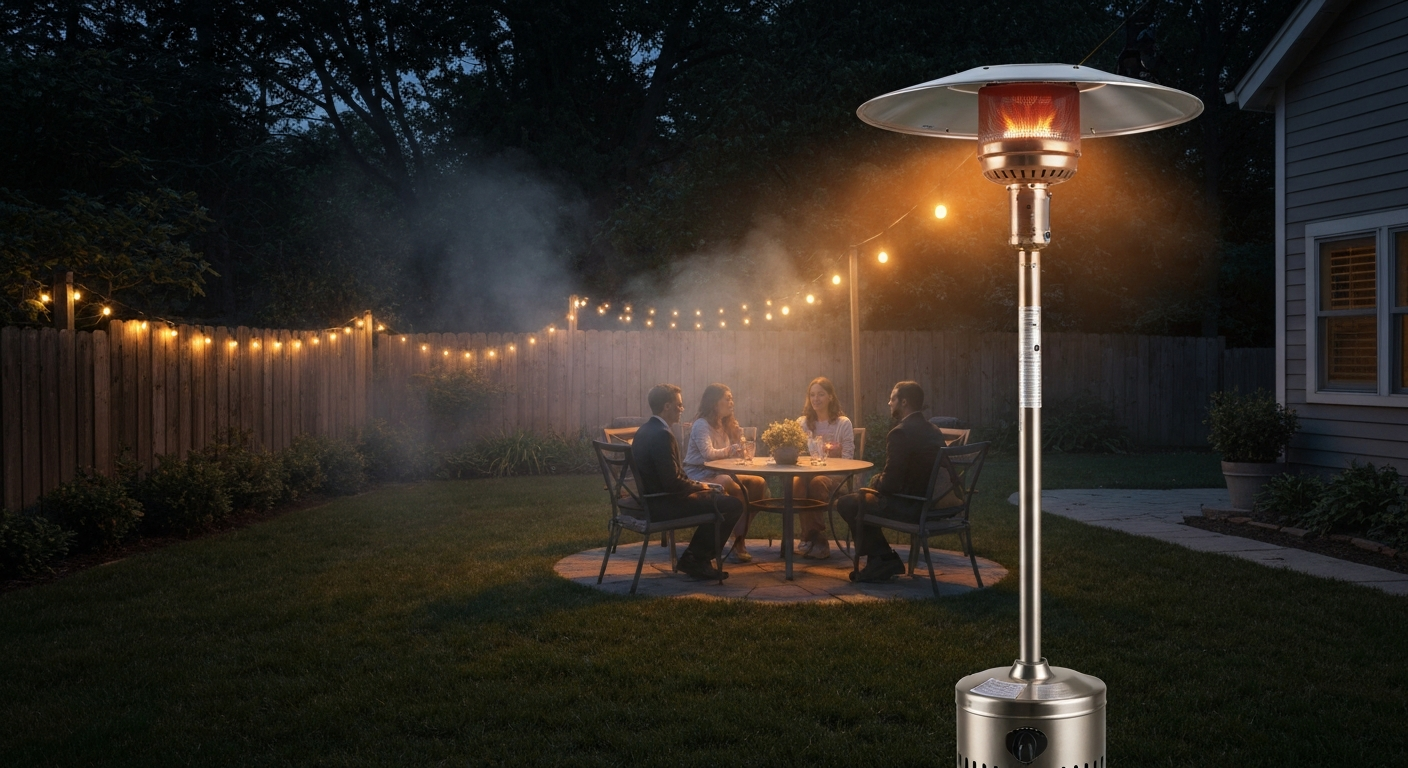 Evening patio with a lit standing propane patio heater casting warm light over a seating area.