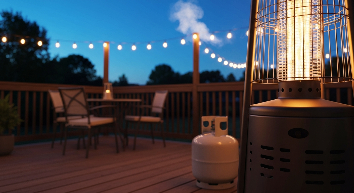 Lit freestanding patio heater on a wooden deck at dusk with a propane cylinder at the base, glowing reflector and warm light