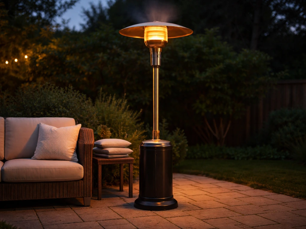 Outdoor patio heater glowing with visible warmth over a small seating area at dusk.