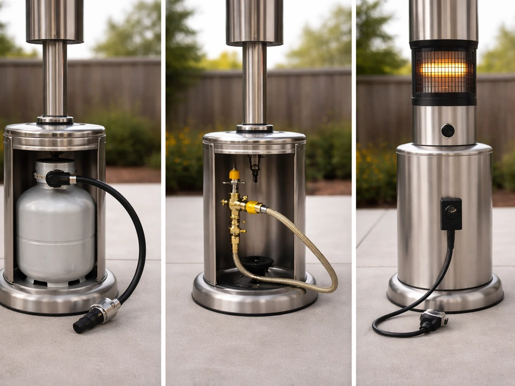 Three patio heaters side by side showing propane tank, natural gas line, and an electric infrared unit.