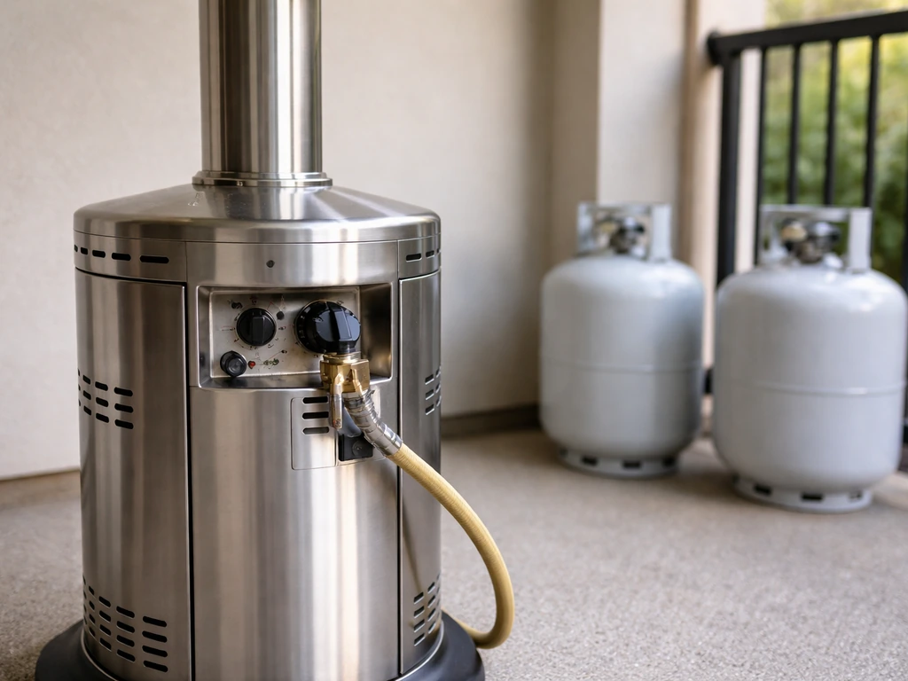 Natural gas patio heater with visible gas line connection and nearby propane tanks in a simple outdoor setup.
