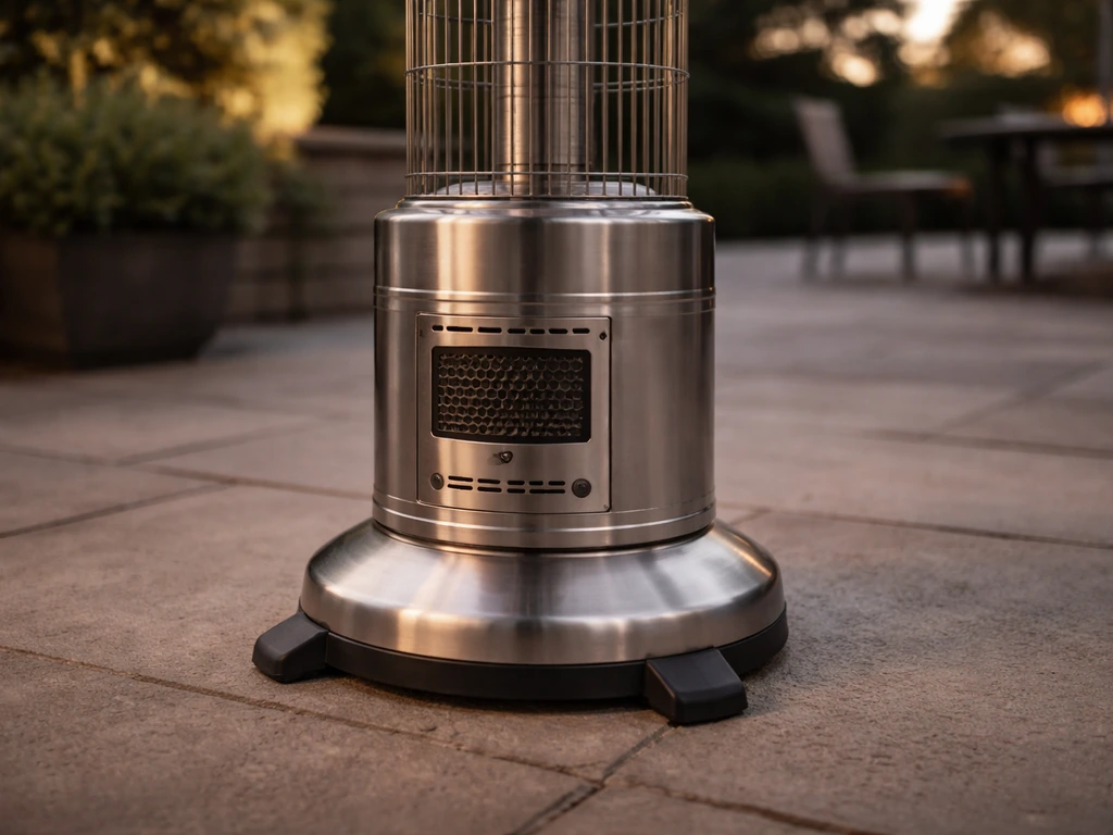 Close view of a portable gas patio heater on a stable patio base, emphasizing tip-over safety area.