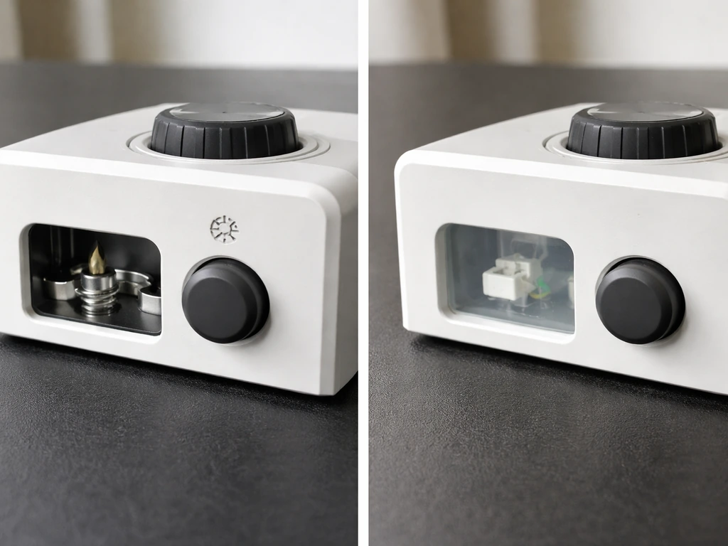 Side-by-side heater controls showing piezo click trigger and electronic ignition start button.