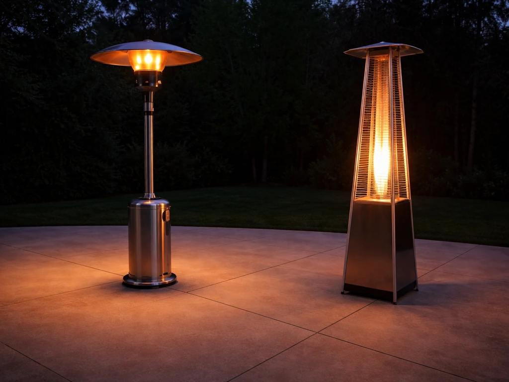 Two patio propane heaters glowing differently, showing 360° mushroom spread versus more centered pyramid coverage.