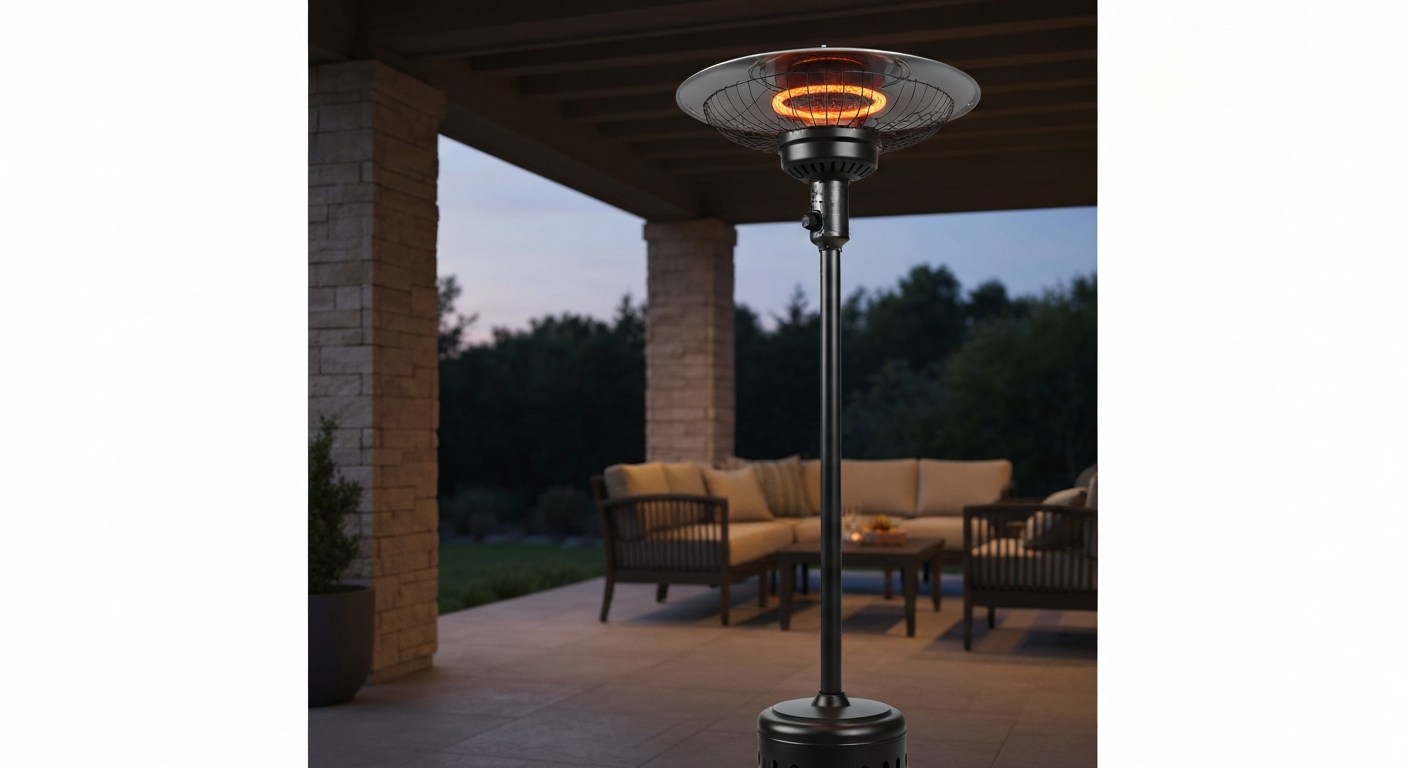 Freestanding black 1500W electric infrared patio heater on a covered patio with the heating element glowing orange.