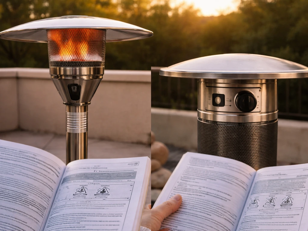 Close-up of a patio gas heater with an open safety manual and a model label area visible (unreadable).