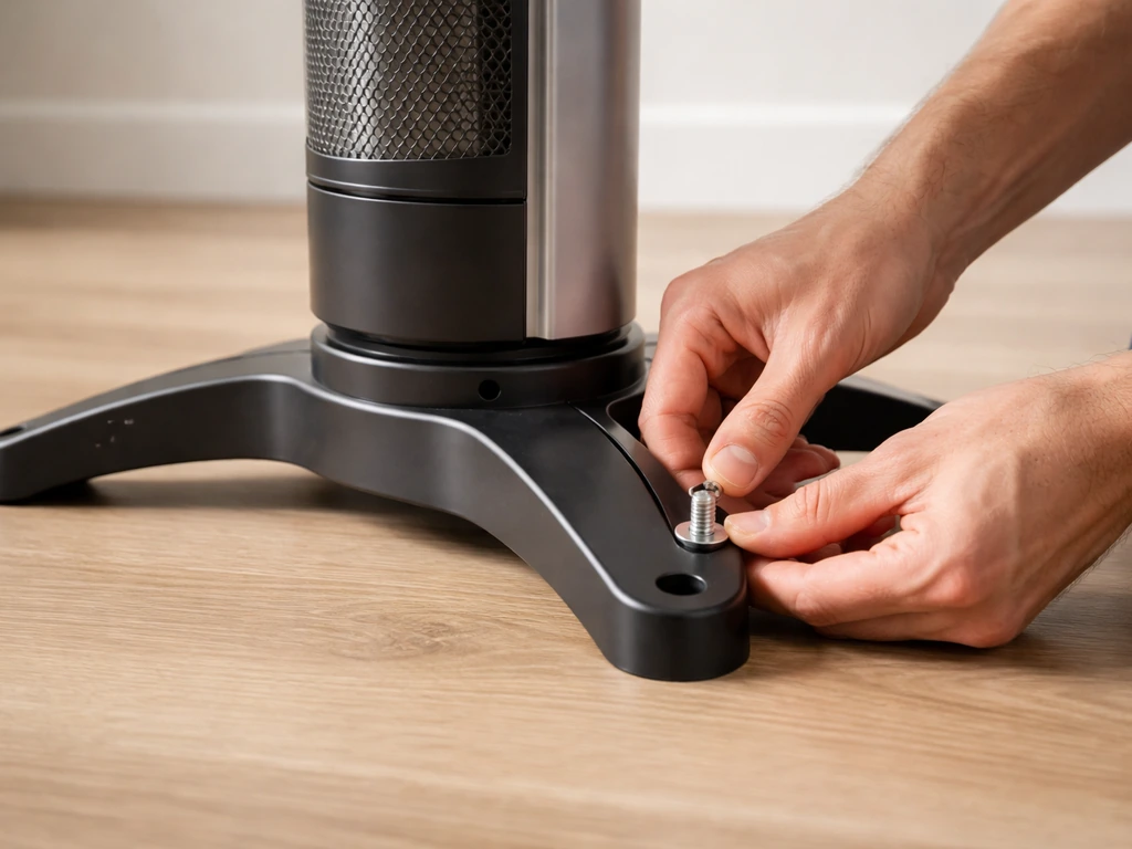 Hands securing bolt-and-washer base legs to an upright tower heater during assembly.