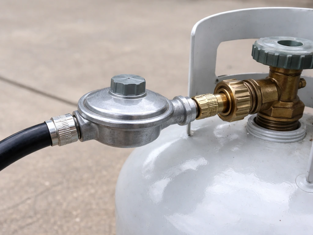Close-up of a gas pressure regulator connected to an LP tank valve with a hose inspection-ready setup