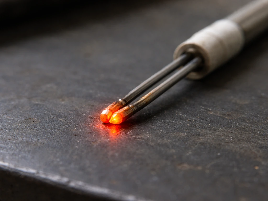 Close-up of a thermocouple tip with the hot junction area highlighted, showing failure from heat/contact issues